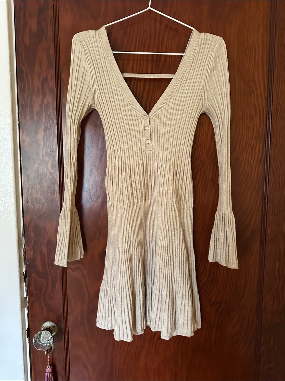 Ribbed V-Neck Long Sleeve Knit Dress in Cream